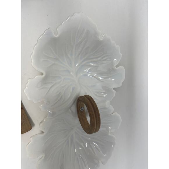 U.S.A Pottery MCM Leaf Shape Relish Serving Dish Wood Handle & Spoons Vintage - Picture 6 of 10